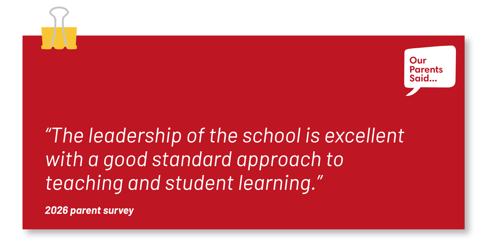 “The leadership of the school is excellent with a good standard approach to teaching and student learning.” 2026 Parent Survey Quote